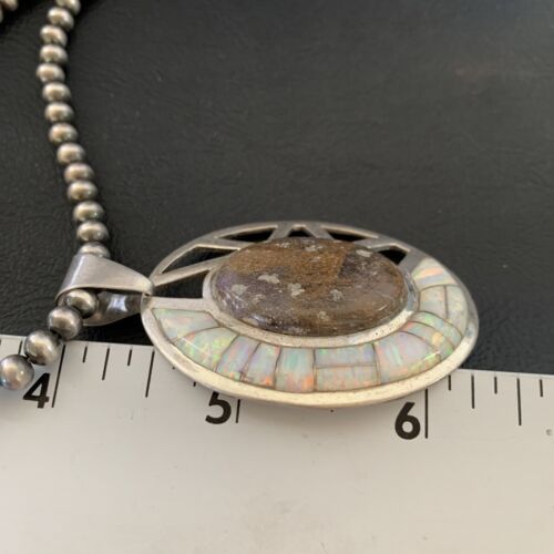 Navajo White Opal Inlay Jasper Pendant | Sterling Silver | 2.5" | Authentic Native American Handmade | 12271