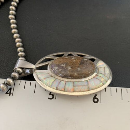 Navajo White Opal Inlay Jasper Pendant | Sterling Silver | 2.5" | Authentic Native American Handmade | 12271