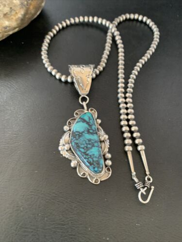Men's Navajo Blue Spiderweb Turquoise Pendant Necklace | Sterling Silver | Authentic Native American Handmade | 10661