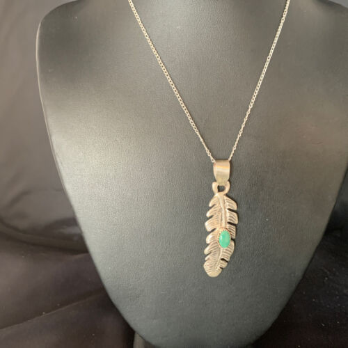 Navajo Green Turquoise Feather Pendant Necklace | Sterling Silver | 16" | Authentic Native American Handmade | 13685