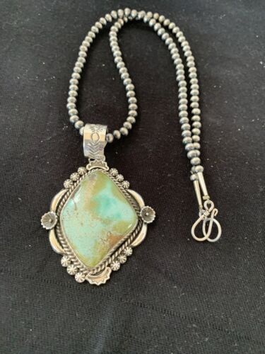 Men's Navajo Pearls Necklace with Royston Turquoise Pendant | Sterling Silver | Native American Handmade | 522