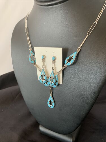 Southwestern Zuni Blue Turquoise Inlay Necklace | Sterling Silver | 19" | Native American Handmade | 11911