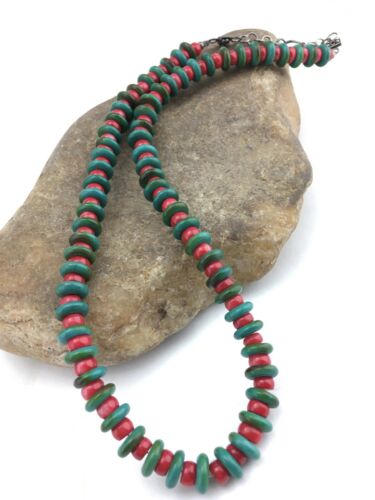 Native American Men's Turquoise & Coral Bead Necklace | Navajo Sterling Silver | 22" | 3712