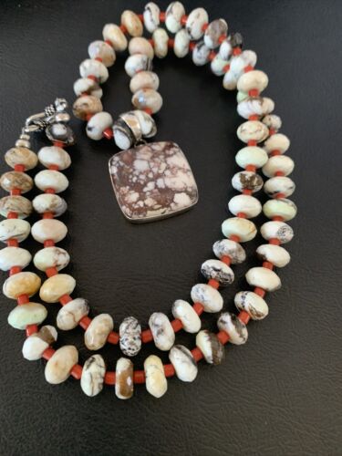 Navajo Coral Wild Horse Turquoise Pendant Necklace | Sterling Silver | Authentic Native American Handmade | 10267