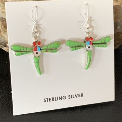 Navajo Dragonfly Earrings | Green Gaspeite, Coral, Mother of Pearl Inlay | Sterling Silver | 1" | 13319 - Masha USA