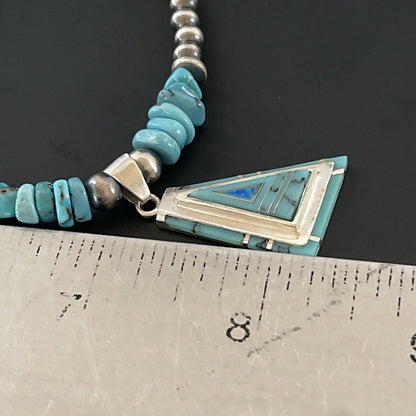 Authentic Native American Navajo Sterling Silver Pendant | Blue Turquoise & Opal Inlay Necklace | 11331