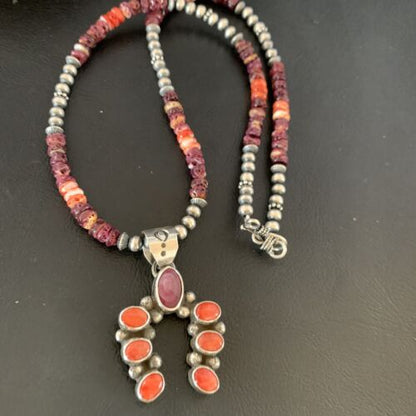 Navajo Purple Spiny Oyster Cluster Necklace | Sterling Silver Naja Pendant | Authentic Native American Handmade | 13154