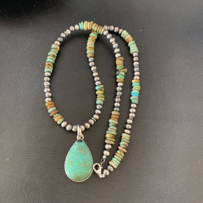 Navajo Royston Bead Green Turquoise Necklace Pendant | Sterling Silver | Authentic Native American Handmade | 11920