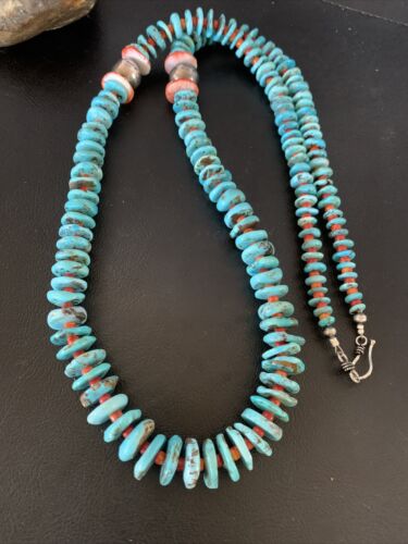 Navajo Natural Turquoise & Spiny Oyster Necklace | Sterling Silver | Authentic Native American | 32" | 13248