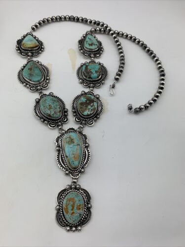 Navajo Sterling Silver Lariat Necklace | Royston Turquoise Squash Pendant | Authentic Native American Handmade | 01545