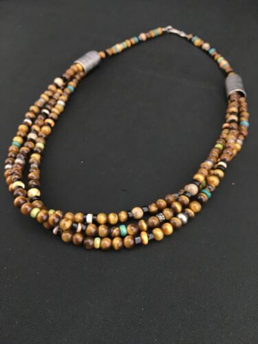Navajo Sterling Necklace | Tiger's Eye & Turquoise | Multi-Color 3 Strand | 18" | 4892