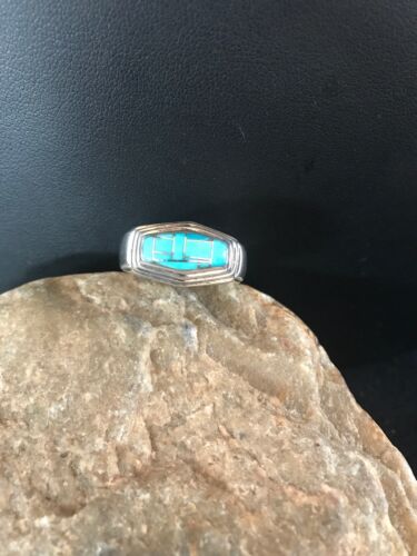 Navajo Sterling Silver Turquoise Inlay Ring | Sz 9.5 | Native American Southwestern | 3434