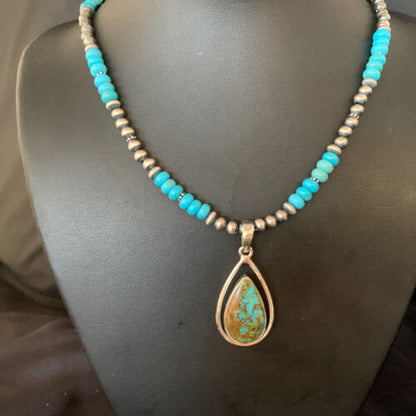 Navajo Blue Turquoise Pendant Necklace | Sterling Silver | Authentic Native American Handmade | 13869