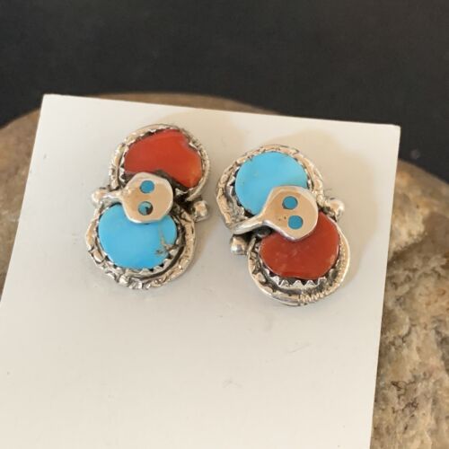 Zuni Snake Earrings | Blue Kingman Turquoise & Red Coral | Sterling Silver | Native American Handmade | 12041