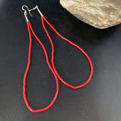 Handmade Sterling Silver Heishi Beads Earrings with Faux Red Coral | 5" | 13502
