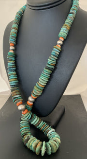 Navajo Graduated Green Turquoise Necklace | Sterling Silver |Authentic Native American | 21" | 00798