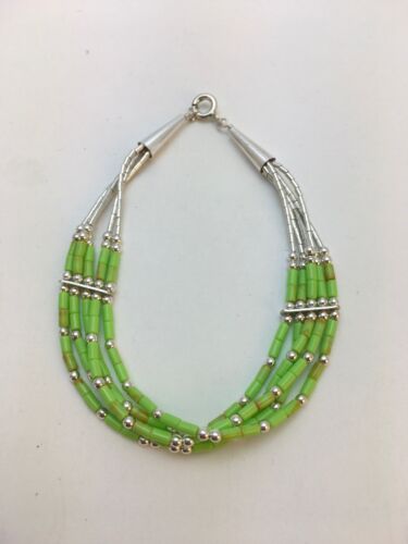 Handmade Liquid Silver Green Gaspeite Heishi Bracelet | Sterling Silver | 5-Strand | 7" | 13606