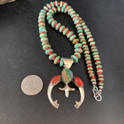 Navajo Pearl Necklace with Royston Turquoise & Coral Naja Pendant | Sterling Silver | 13813