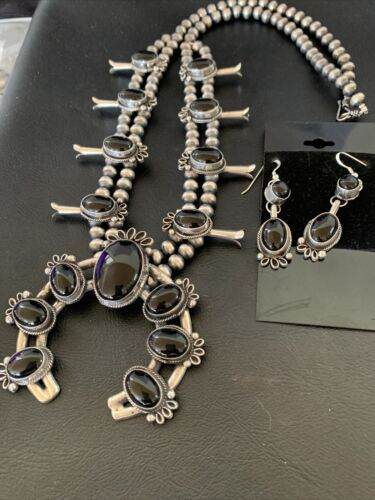 Navajo Pearls Black Onyx Squash Blossom Necklace | Sterling Silver | Authentic Native American Handmade | 12724