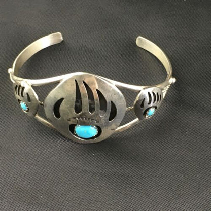Navajo Turquoise Bear Paw Cuff Bracelet | Sterling Silver | Authentic Native American Handmade | 10242