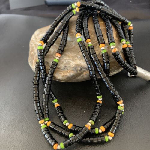 Navajo Sterling Silver Black Onyx Spiny Turquoise Bead Necklace Heishi 22" | Handmade 10893