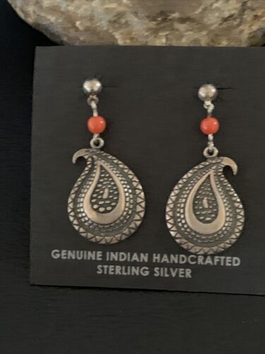 Old Pawn Southwestern Coral Dangle Earrings | Sterling Silver | 1" | 12995
