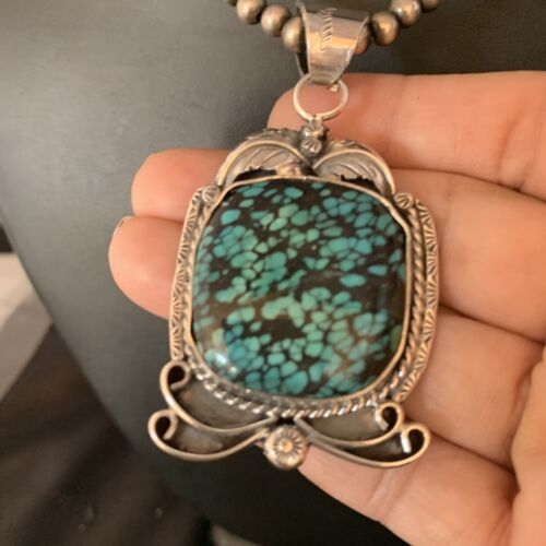 Men's Navajo Blue Spiderweb Turquoise Pendant Necklace | Sterling Silver | Authentic Native American Handmade | 14203