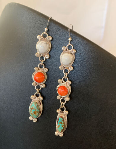Navajo Spiny, Turquoise & Howlite Dangle Earrings | Sterling Silver | Authentic Native American Handmade | 1572