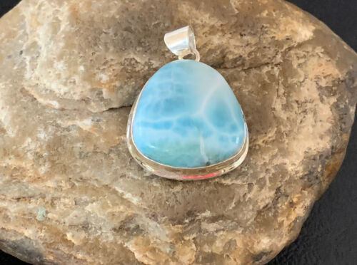 Navajo Sterling Silver Beads Necklace | Blue Larimar Pendant | Authentic Native American Handmade | 10831
