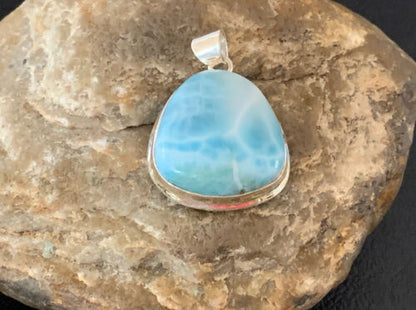 Navajo Sterling Silver Beads Necklace | Blue Larimar Pendant | Authentic Native American Handmade | 10831