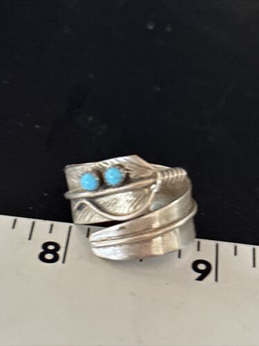 Navajo Blue Kingman Turquoise Feather Ring | Authentic Native American Sterling Silver | Multi-Stone | Sz 9 | 14793