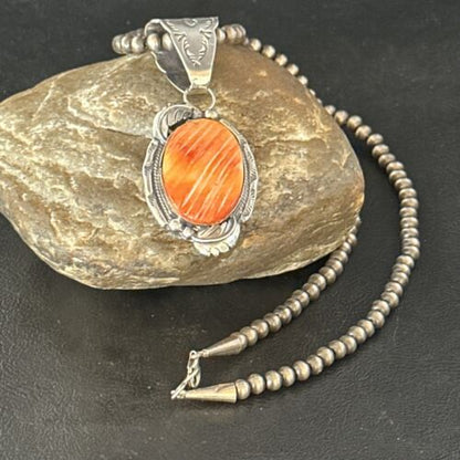 Navajo Orange Spiny Oyster Necklace Pendant | Sterling Silver | Authentic Native American Handmade | 14680