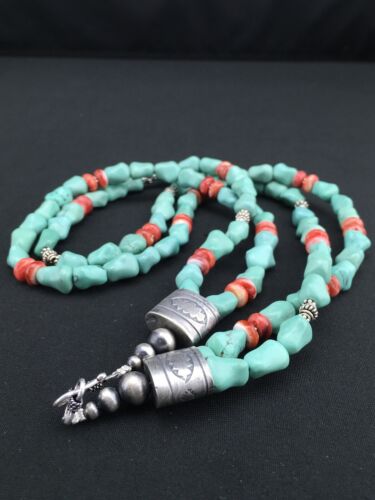 Native American Turquoise Spiny Sterling Silver Nugget Bead Necklace | 22" | 1352