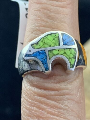 Navajo Multi-Color Opal Turquoise Inlay Ring | Sterling Silver | Sz 7.5 | Authentic Native American Handmade | 01703