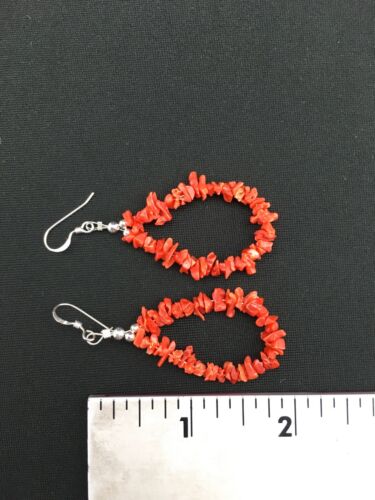 Native American Sterling Silver Navajo Red Coral Earrings | 2" | 1086