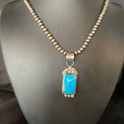 Men's Blue Kingman Turquoise Necklace Pendant | Sterling Silver Navajo Pearls | 13762