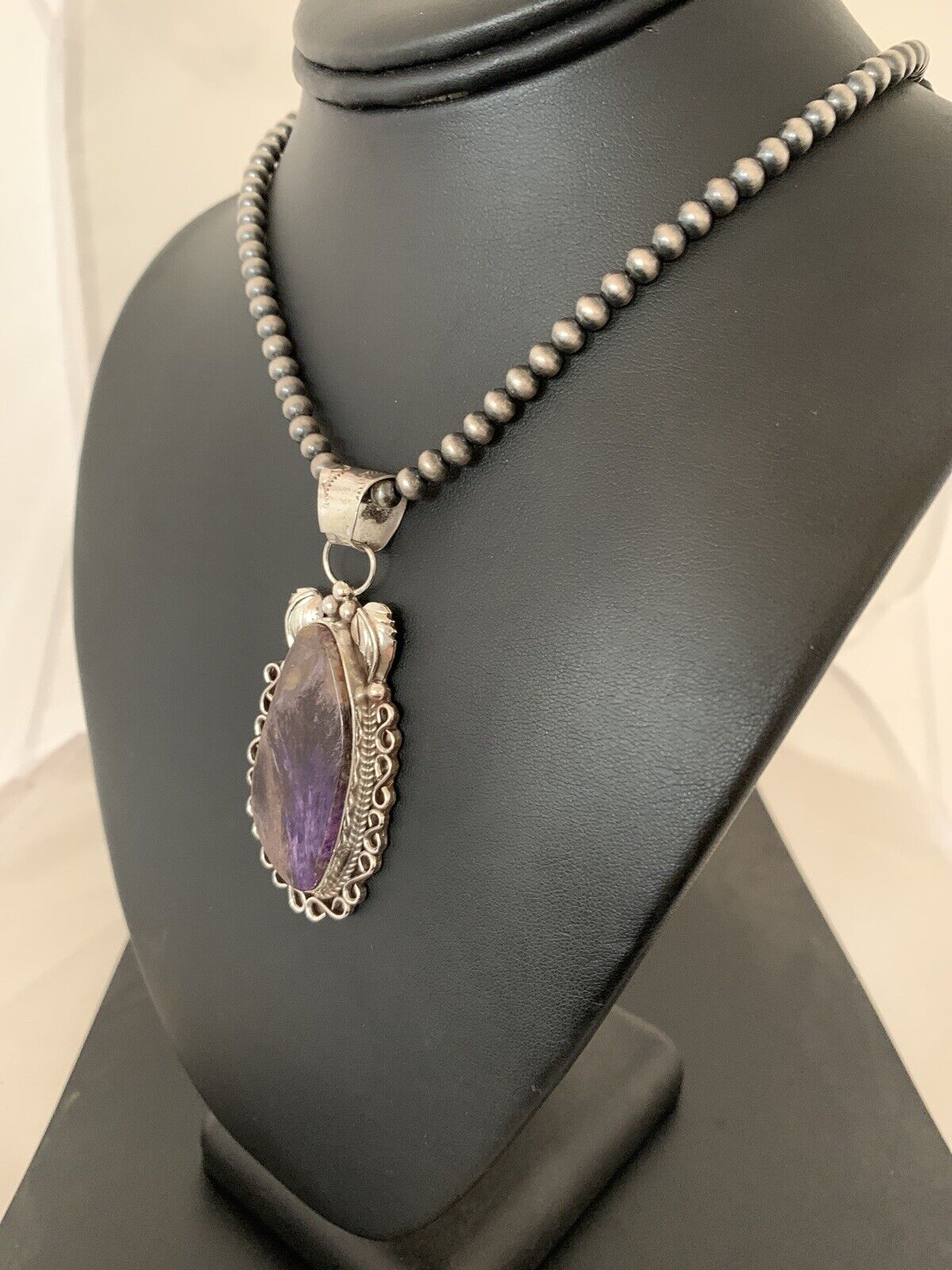 Navajo Pearls Necklace with Purple Charoite Pendant | Sterling Silver | Authentic Native American Handmade | 652