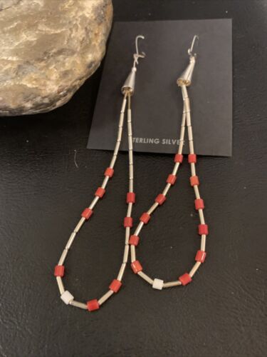 XL Coral Heishi Beads Earrings | Sterling Silver Navajo Pearls | 4" | Authentic Native American Handmade | 13033