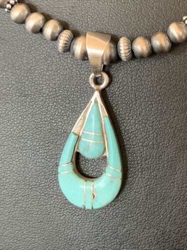 Navajo Pearl Necklace with Blue Turquoise Inlay Pendant | Sterling Silver | Authentic Native American Handmade | 12501