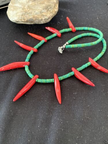 Navajo Turquoise Coral Chili Pepper Necklace | Sterling Silver | Graduated Beads | 20" | 00827