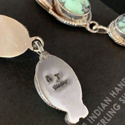 Navajo Green Spiderweb Turquoise Dangle Earrings | Sterling Silver | Authentic Native American Handmade | 13553