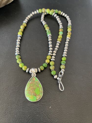 Navajo Pearl Necklace with Green Mojave Turquoise Pendant | Sterling Silver | Authentic Native American Handmade | 10580