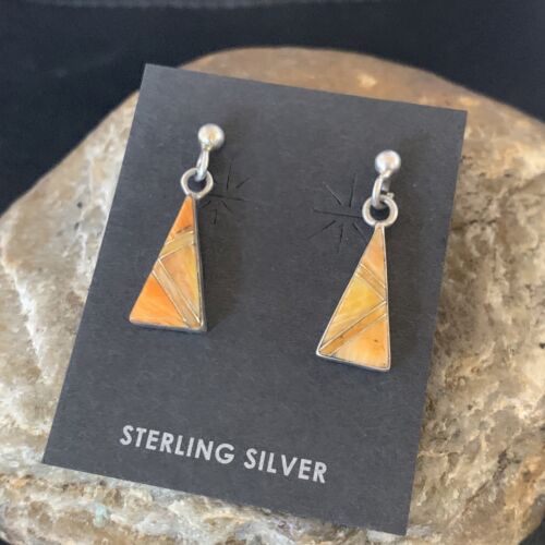 Minimalist Dangle Inlay Navajo Sterling Orange Spiny Oyster Earrings 12678