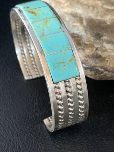 Native American Men's Blue #8 Turquoise Inlay Cuff Bracelet | Sterling Silver | 14138