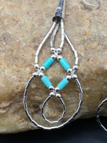 Navajo Blue Turquoise Tube Heishi Dangle Earrings | Sterling Silver | 2" | 3100