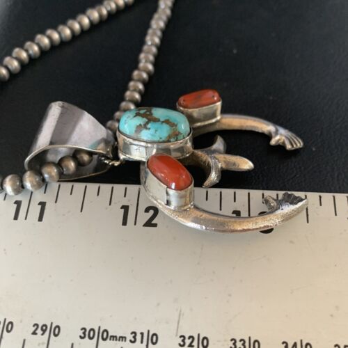 Navajo Pearl Necklace with Royston Turquoise & Coral Naja Pendant | Sterling Silver | 13645