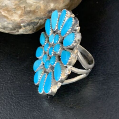 Navajo Blue Kingman Turquoise Cluster Ring | Authentic Native American Sterling Silver | Multi-Stone | Sz 9 | 13715