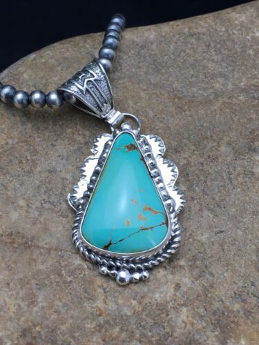 Men's Royston Turquoise Pendant | Sterling Silver Navajo Pearl Necklace | Authentic Native American Handmade | 2525