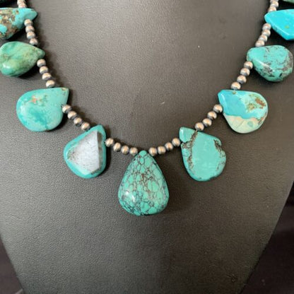 Southwestern Navajo Pearls Necklace | Sterling Silver | Blue Turquoise Teardrop | 13150