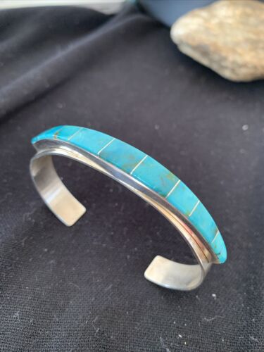 Native American Navajo Blue Turquoise Inlay Bracelet | Sterling Silver | Authentic Handmade | 00986